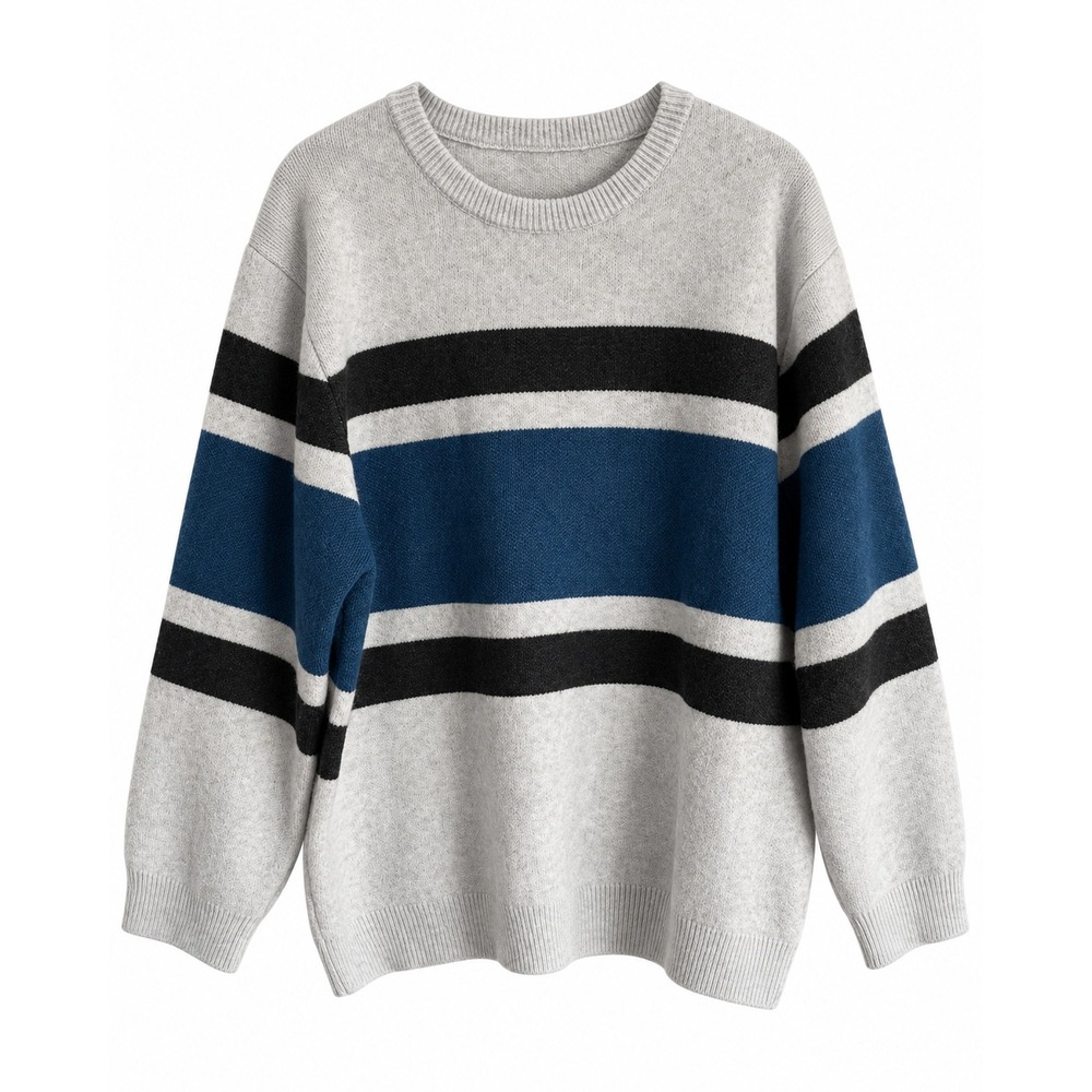 Gray Blue Black Striped Fuzzy Knit Crewneck Sweater XXL Acrylic